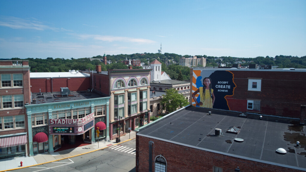 An aeiral view of downtown Woonsocket with the Stadium Theatre at center.